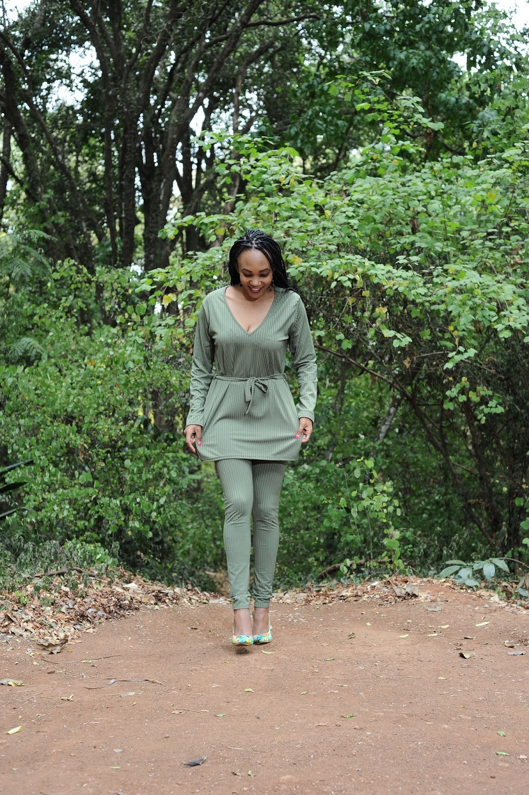 Jungle Green Lounge Wear Set and Floral Shoes
